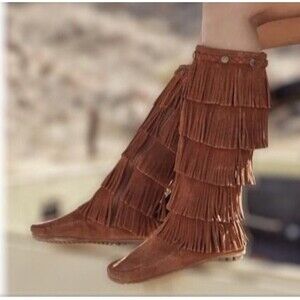 Minnetonka Women’s 5-Layer Fringe Suede Leather Tall Boots Brown Boho Size 11